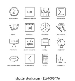 Set Of 16 simple line icons such as Parabola, Exam, Is less than, Cloud computing, Pie chart, Percentage, Pencil, Function, Equation, editable stroke icon pack, pixel perfect