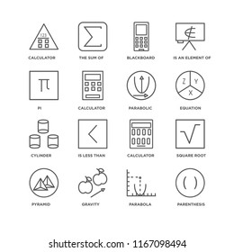 Set Of 16 simple line icons such as Parenthesis, Parabola, Gravity, Pyramid, Square root, Calculator, Pi, Cylinder, Parabolic, editable stroke icon pack, pixel perfect