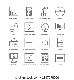 Set Of 16 simple line icons such as Minus, Calculator, Is not an element of, Monitor, Table, Bar chart, Cone, Blackboard, Pie editable stroke icon pack, pixel perfect