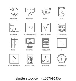 Set Of 16 simple line icons such as Percentage, Function, Calculator, Is greater than, Pi, Pie chart, Parabola, Table, Square root, editable stroke icon pack, pixel perfect