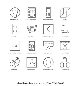Set Of 16 simple line icons such as Cylinder, Parenthesis, Function, Gravity, Browser, Parabolic, Table, Is approximately equal to, less than, editable stroke icon pack, pixel perfect