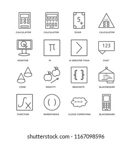 Set Of 16 simple line icons such as Blackboard, Cloud computing, Parenthesis, Function, Calculator, Monitor, Cone, Is greater than, editable stroke icon pack, pixel perfect