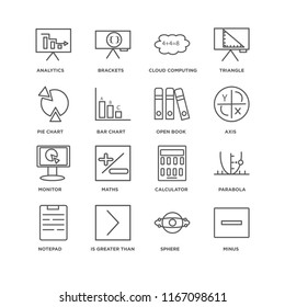 Set Of 16 simple line icons such as Minus, Sphere, Is greater than, Notepad, Parabola, Analytics, Pie chart, Monitor, Open book, editable stroke icon pack, pixel perfect