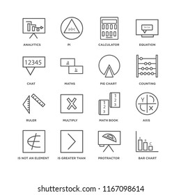 Set Of 16 simple line icons such as Bar chart, Protractor, Is greater than, not an element of, Axis, Analytics, Chat, Ruler, Pie editable stroke icon pack, pixel perfect