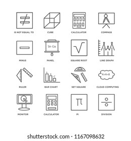 Set Of 16 simple line icons such as Division, Pi, Calculator, Monitor, Cloud computing, Is not equal to, Minus, Ruler, Square root, editable stroke icon pack, pixel perfect