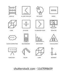 Set Of 16 simple line icons such as Segment, Cube, Ruler, Function, Calculator, Abacus, Cloud computing, Is greater than, editable stroke icon pack, pixel perfect
