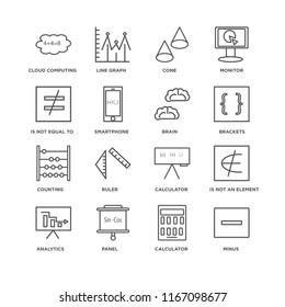 Set Of 16 simple line icons such as Minus, Calculator, Panel, Analytics, Is not an element of, Cloud computing, equal to, Counting, Brain, editable stroke icon pack, pixel perfect