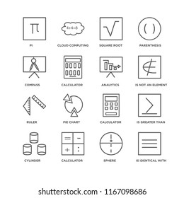 Set Of 16 simple line icons such as Is identical with, Sphere, Calculator, Cylinder, greater than or equal to, Pi, Compass, Ruler, Analytics, editable stroke icon pack, pixel perfect