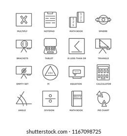 Set Of 16 simple line icons such as Pie chart, Math book, Division, Angle, Calculator, Multiply, Brackets, Empty set, Is less than or equal to, editable stroke icon pack, pixel perfect