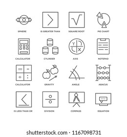 Set Of 16 simple line icons such as Equation, Compass, Division, Is less than or equal to, Abacus, Sphere, Calculator, Axis, editable stroke icon pack, pixel perfect