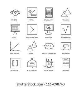 Set Of 16 simple line icons such as Notepad, Math book, Blackboard, Brackets, Equation, Sphere, Panel, Line graph, Monitor, editable stroke icon pack, pixel perfect