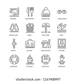 Set Of 16 simple line icons such as Bracelet, Backpack, Suitcase, Lifesaver, Picture, Snorkel, Binoculars, Watch, Palm tree, editable stroke icon pack, pixel perfect