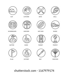 Set Of 16 simple line icons such as Pom pom, Bat, Victory, Flag, Trophy, Cap, Scoreboard, Batter, Hot dog, editable stroke icon pack, pixel perfect