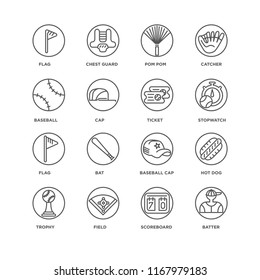 Set Of 16 simple line icons such as Batter, Scoreboard, Field, Trophy, Hot dog, Flag, Baseball, Ticket, editable stroke icon pack, pixel perfect