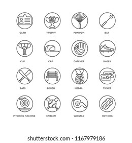 Set Of 16 simple line icons such as Hot dog, Whistle, Emblem, Pitching machine, Ticket, Card, Cup, Bats, Catcher, editable stroke icon pack, pixel perfect