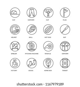 Set Of 16 simple line icons such as Target, Home run, Socks, Victory, Uniform, Cap, Helmet, Emblem, Hot dog, editable stroke icon pack, pixel perfect