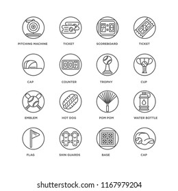 Set Of 16 simple line icons such as Cap, Base, Shin guards, Flag, Water bottle, Pitching machine, Emblem, Trophy, editable stroke icon pack, pixel perfect
