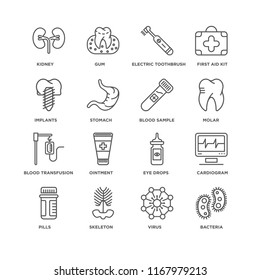 Set Of 16 simple line icons such as Bacteria, Virus, Skeleton, Pills, Cardiogram, Kidney, Implants, Blood transfusion, sample, editable stroke icon pack, pixel perfect