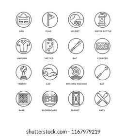 Set Of 16 simple line icons such as Bats, Target, Scoreboard, Base, Bat, Bag, Uniform, Trophy, editable stroke icon pack, pixel perfect