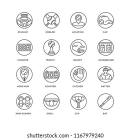 Set Of 16 simple line icons such as Bat, Cup, Shell, Shin guards, Batter, Stadium, Counter, Home run, Helmet, editable stroke icon pack, pixel perfect