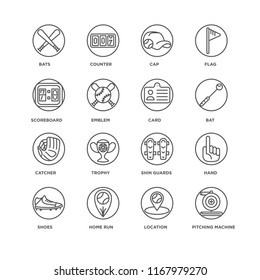 Set Of 16 simple line icons such as Pitching machine, Location, Home run, Shoes, Hand, Bats, Scoreboard, Catcher, Card, editable stroke icon pack, pixel perfect