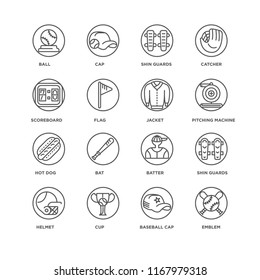 Set Of 16 simple line icons such as Emblem, Baseball cap, Cup, Helmet, Shin guards, Ball, Scoreboard, Hot dog, Jacket, editable stroke icon pack, pixel perfect