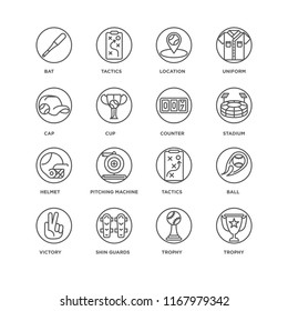 Set Of 16 simple line icons such as Trophy, Shin guards, Victory, Ball, Bat, Cap, Helmet, Counter, editable stroke icon pack, pixel perfect