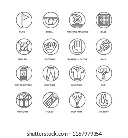 Set Of 16 simple line icons such as Victory, Pom pom, Ticket, Uniform, Cup, Flag, Emblem, Water bottle, Baseball glove, editable stroke icon pack, pixel perfect
