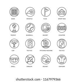 Set Of 16 simple line icons such as Uniform, Helmet, Emblem, Shell, Tactics, Base, Trophy, Cup, editable stroke icon pack, pixel perfect
