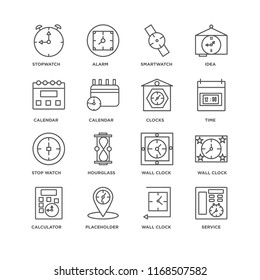 Set Of 16 simple line icons such as Service, Wall clock, Placeholder, Calculator, Stopwatch, Calendar, Stop watch, Clocks, editable stroke icon pack, pixel perfect