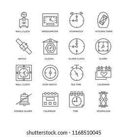 Set Of 16 simple line icons such as Hourglass, Time, Calendar, Disable alarm, Wall clock, Watch, Alarm editable stroke icon pack, pixel perfect