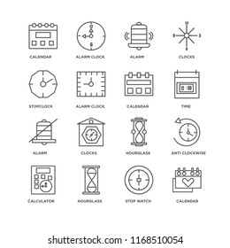 Set Of 16 simple line icons such as Calendar, Stop watch, Hourglass, Calculator, Anti clockwise, Stopclock, Alarm, editable stroke icon pack, pixel perfect
