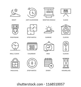 Set Of 16 simple line icons such as Hourglass, Event, Stop watch, Padlocks, Clocks, Night, Piggybank, Wall clock, Sunrise, editable stroke icon pack, pixel perfect