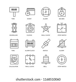 Set Of 16 simple line icons such as Stop watch, Bell, Wall clock, Calculator, Alarm, Time, Hourglass, editable stroke icon pack, pixel perfect