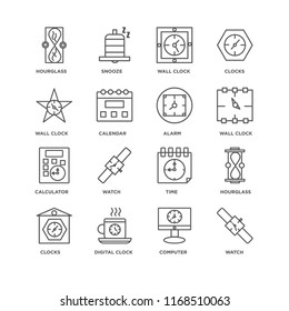 Set Of 16 simple line icons such as Watch, Computer, Digital clock, Clocks, Hourglass, Wall Calculator, Alarm, editable stroke icon pack, pixel perfect