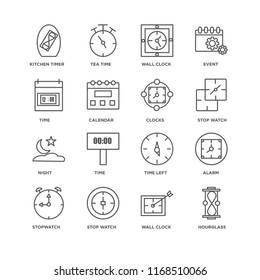 Set Of 16 simple line icons such as Hourglass, Wall clock, Stop watch, Stopwatch, Alarm, Kitchen timer, Time, Night, Clocks, editable stroke icon pack, pixel perfect