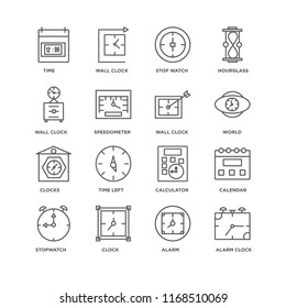 Set Of 16 simple line icons such as Alarm clock, Alarm, Clock, Stopwatch, Calendar, Time, Wall Clocks, editable stroke icon pack, pixel perfect
