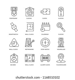 Set Of 16 simple line icons such as Placeholder, Alarm clock, Wall Big ben, Hourglass, Piggybank, Smartwatch, Calendar, editable stroke icon pack, pixel perfect