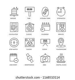 Set Of 16 simple line icons such as Digital clock, Idea, Smartwatch, Add event, Placeholder, Snooze, Calculator, Stop watch, Calendar, editable stroke icon pack, pixel perfect