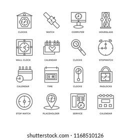 Set Of 16 simple line icons such as Calendar, Service, Placeholder, Stop watch, Padlocks, Clocks, Wall clock, editable stroke icon pack, pixel perfect