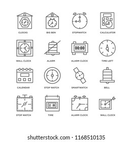 Set Of 16 simple line icons such as Wall clock, Alarm Time, Stop watch, Bell, Clocks, Calendar, editable stroke icon pack, pixel perfect