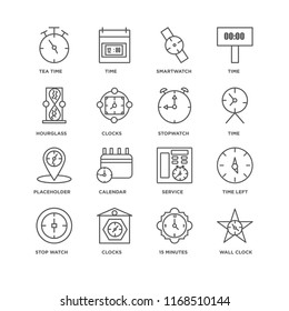 Set Of 16 simple line icons such as Wall clock, 15 minutes, Clocks, Stop watch, Time left, Tea time, Hourglass, Placeholder, Stopwatch, editable stroke icon pack, pixel perfect