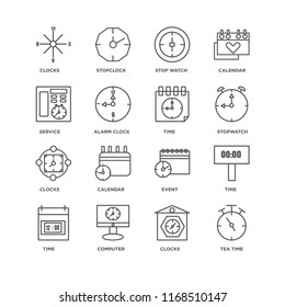 Set Of 16 simple line icons such as Tea time, Clocks, Computer, Time, Service, editable stroke icon pack, pixel perfect