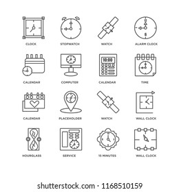 Set Of 16 simple line icons such as Wall clock, 15 minutes, Service, Hourglass, Clock, Calendar, editable stroke icon pack, pixel perfect