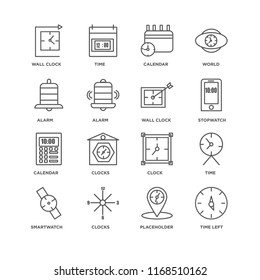 Set Of 16 simple line icons such as Time left, Placeholder, Clocks, Smartwatch, Time, Wall clock, Alarm, Calendar, editable stroke icon pack, pixel perfect