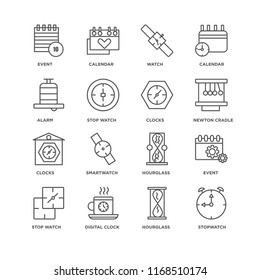 Set Of 16 simple line icons such as Stopwatch, Hourglass, Digital clock, Stop watch, Event, Alarm, Clocks, editable stroke icon pack, pixel perfect