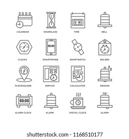 Set Of 16 simple line icons such as Alarm, Digital clock, Alarm Snooze, Calendar, Clocks, Placeholder, Smartwatch, editable stroke icon pack, pixel perfect
