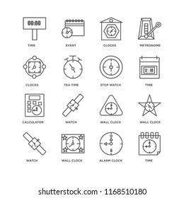 Set Of 16 simple line icons such as Time, Alarm clock, Wall Watch, Clocks, Calculator, Stop watch, editable stroke icon pack, pixel perfect