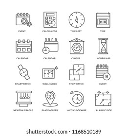 Set Of 16 simple line icons such as Alarm clock, Anti clockwise, Placeholder, Newton cradle, Event, Calendar, Smartwatch, Clocks, editable stroke icon pack, pixel perfect