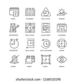 Set Of 16 simple line icons such as World, Clock, Event, Alarm, Metronome, Stopwatch, Calculator, editable stroke icon pack, pixel perfect